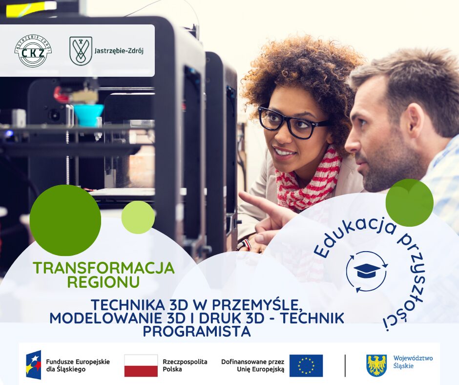 W naszej placówce trwa nabór na szkolenie dla uczniów technikum programistycznego „Technika 3D w przemyśle, modelowanie 3D i druk 3D”. Szkolenie jest realizowane w ramach projektu „Transformacja regionu – wsparcie kształcenia zawodowego w Centrum Kształcenia Zawodowego w Jastrzębiu-Zdroju” finansowanego z Funduszu Sprawiedliwej Transformacji. #funduszeeuropejskie #funduszeUE